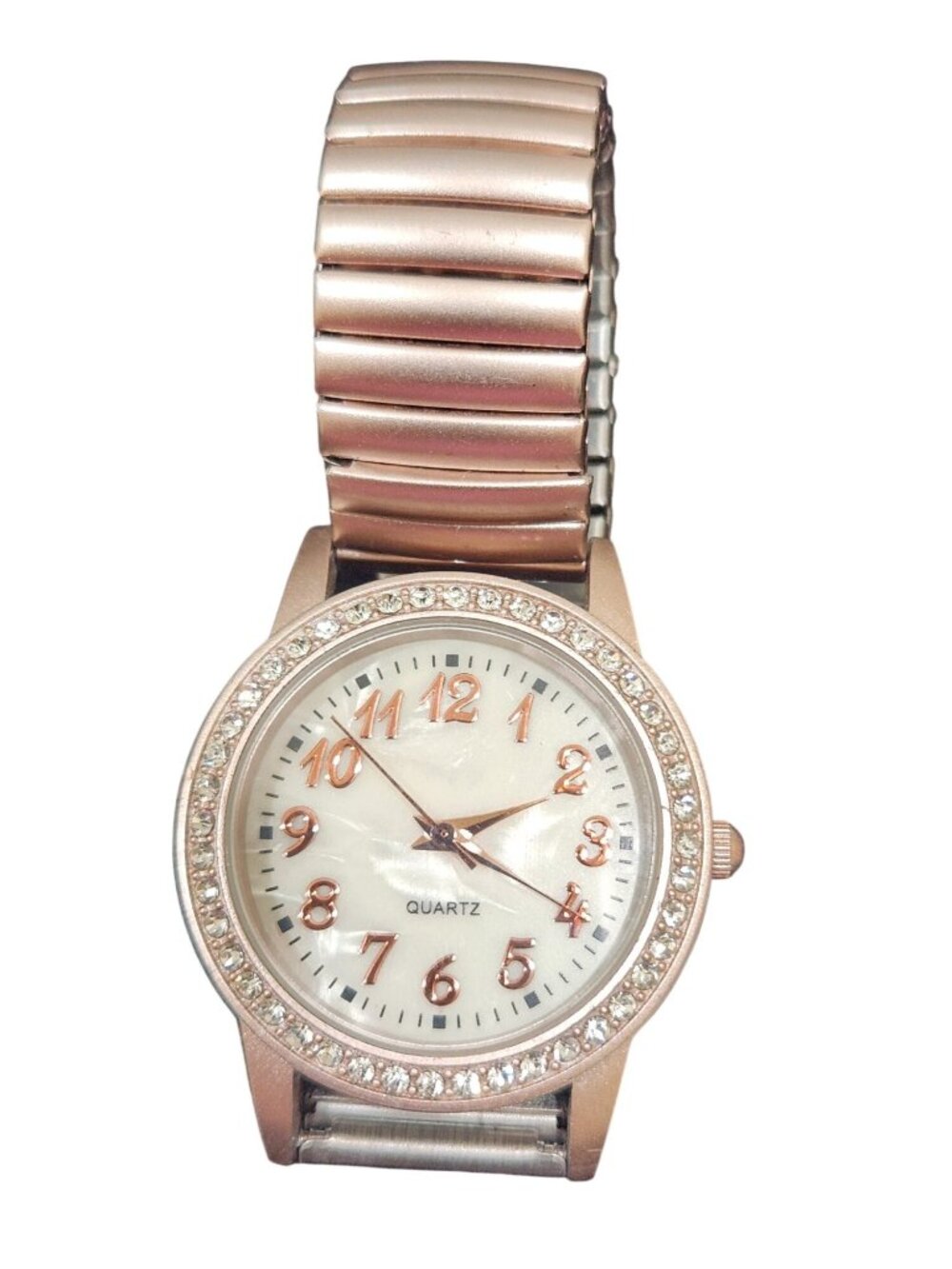 Ladies Vintage Quartz Watch With Rhinestone Bezel & Stretch Band Rose Gold-Tone
